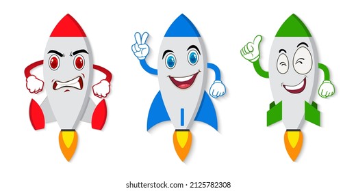 Collection of rocket cartoon vector icon illustration. Set rocket cartoon different expressions of cartoon face vector illustrations. Rocket mascot vector