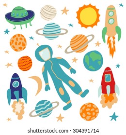 Collection of rocket man, spaceship, planets and stars. Outer Space Design Elements. Vector isolated objects