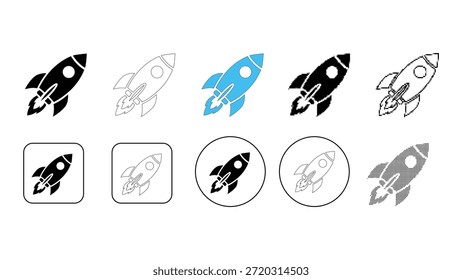 Collection of rocket ship icons in various styles and colors