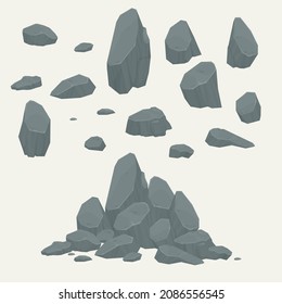 Colección de rocas de diferentes formas y tamaños. Juego de piedras. Ilustración de estilo de dibujos animados. Vector.