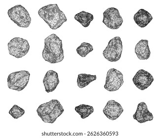 A collection of rocks are shown in black and white. The rocks are scattered across the image, with some closer to the foreground and others further back. Scene is one of simplicity and natural beauty
