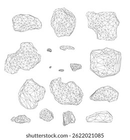 A collection of rocks are shown in a grid pattern. The rocks are all different sizes and shapes, and they are scattered throughout the image. Scene is one of chaos and disorder