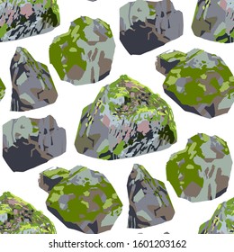 Collection of rocks and stones covered with green moss. Vector repeated seamless pattern