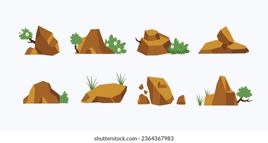 collection of rocky and bushes landscape icons, nature vector illustration