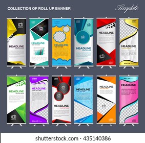 Collection Of Roll Up Banner Design Stand Template, Flyer, Advertisement, Display Layout, Vector Illustration