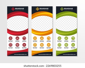 collection roll up banner stand template design. multicolor red, green and yellow colors selected. vertical layout with space for photo. infographic icon for information business.