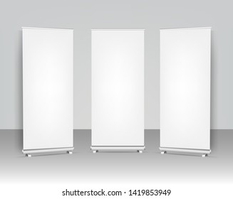 Collection Roll Up Banners Set Isolated Grey Background With Gradient Mesh, Vector Illustration
