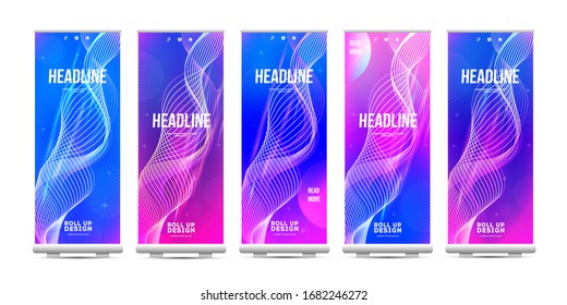 Collection of Roll Up layout. Modern brochure or flyer in trendy gradients, color vertical banner design with abstract digital wave, cover background