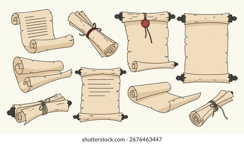 Coleção de Rolos de Papel Antigo Rolados com Texto Escrito e Selos