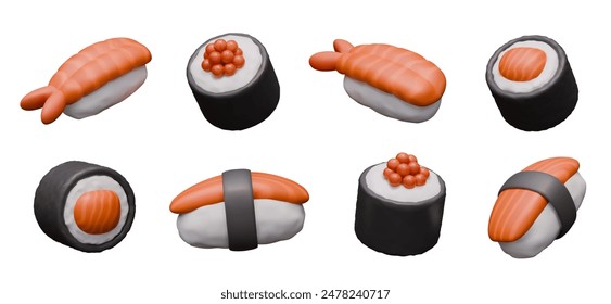 Collection of rolls and nigiri in 3D cartoon style. Appetizing portions