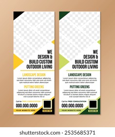 collection of Roll-up banner for we design and build custom outdoor living. combination yellow and green colors element. space for photo collage. vertical layout mockup on white background.