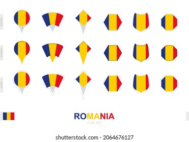 Collection of the Romania flag in different shapes and with three different effects. Vector flag set.