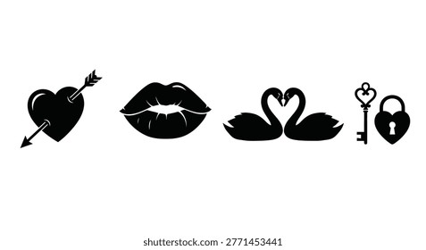 A collection of romantic, black silhouettes featuring iconic imagery of love and devotion.