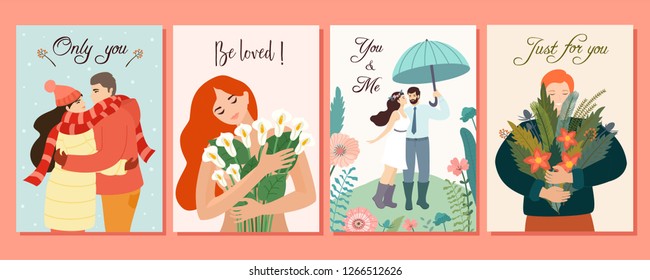 Collection of romantic cards. Vector design concepts for Valentine's Day. Beautiful illustrations with flowers and loving couples.