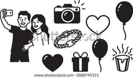 Collection of romantic and celebratory icons, featuring a couple taking a selfie, a camera, hearts, a bracelet, gift, balloons, and drum.