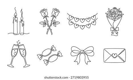 Colección de iconos románticos de arte de línea continua con velas, rosas, guirnalda de corazón, ramo de flores, champán, caramelos, lazo y un sobre, dibujado en un estilo minimalista