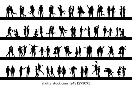 Collection of romantic couple silhouettes in various poses set. Couples falling in love different poses vector silhouette set collection	