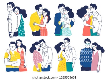 Collection of romantic couples isolated on white background. Set of portraits of men and women in love.  Hand drawn vector illustration 