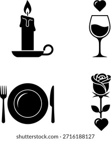 Eine Kollektion romantischer Einrichtungssymbole für das Abendessen mit Kerze, Weinglas, Teller mit Geschirr und Rose, alles in schwarzer Silhouette auf weißem Hintergrund, die ein Gefühl von Intimität und Liebe hervorruft.