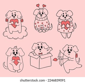 Collection romantic dogs. Cute pets with hearts. Vector illustration in doodle style. Isolated linear hand drawn puppies in love for design and decor of valentines, love postcards, printing