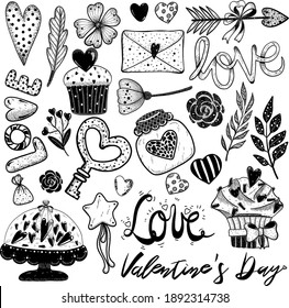 Collection Of Romantic Doodle Elements In Vintage Style - Heart, Key, Flower, Jar, Arrow, Bow, Branch, Lettering. Vintage Vector. Background For Wrapping Paper, Fabric, Decor For Valentine Day