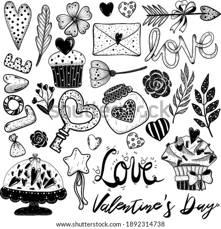 Collection of romantic doodle elements in vintage style - heart, key, flower, jar, arrow, bow, branch, lettering. Vintage vector. Background for wrapping paper, fabric, decor for Valentine day