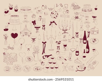 Collection of Romantic element. Food, drink, candle and romantic elements. Valentines Day, Save the date, Wedding illustration. Editable vector illustration.