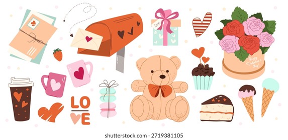 Collection of romantic elements for Valentine's Day. Teddy bear, mailbox, roses, coffee, and desserts. Stylized design for cards, invitations, stickers, scrapbooking.