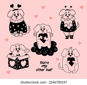 Collection romantic enamored dogs characters and heart  Vector illustration in doodle style  Isolated hand drawn puppies in love for design   decor valentines  love postcards  printing