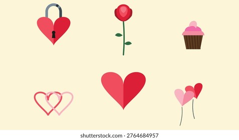 Collection of romantic flat icons featuring heart shaped padlock red rose pink cupcake and intertwined hearts for valentines day celebration event