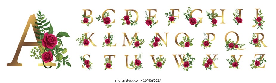 Collection romantic gold letters with drawn watercolor leaves and red rose. Elegant alphabet for book design, brand name, wedding invitation thanks card on white background