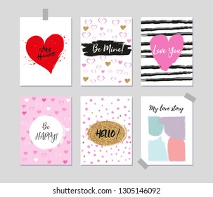 Collection of romantic greeting card. Gold, pink, black and white colors. Brush lettering. Hand drawn hearts.