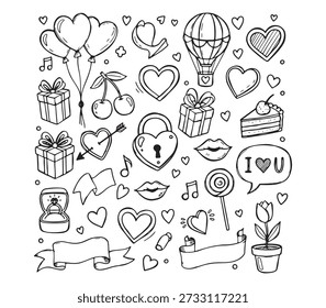 Collection of romantic hand-drawn vector doodles, featuring hearts, gifts, balloons, love lock, and valentine's day symbols