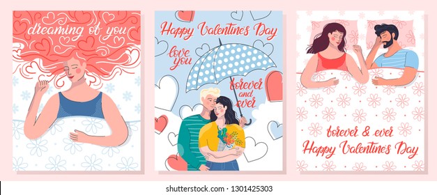 Collection of romantic illustrations with couple in bed,dreaming woman and couple under umbrella.Perfect for greeting cards, prints,flyers,posters,invitations and more.Valentines day cards concept.