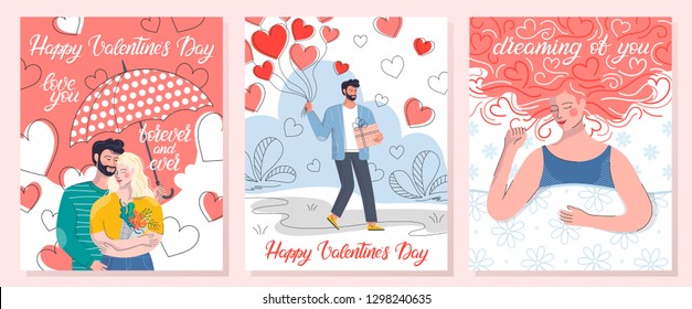 Collection of romantic illustrations with hugging couple,dreaming woman and man holding balloons.Perfect for greeting cards, prints,flyers,posters,invitations and more.Valentines day cards concept.
