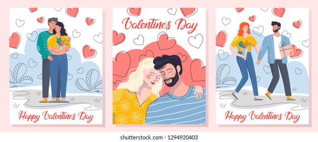 Collection of romantic illustrations with hugging couples and hearts.Cute cartoon characters.Perfect for greeting cards, prints,flyers,posters,invitations and more.Valentines day cards concept.