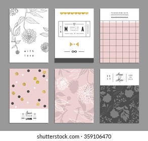 Collection of romantic invitations with gold glitter texture. Wedding, marriage, bridal, birthday, Valentine's day. Isolated. Vector