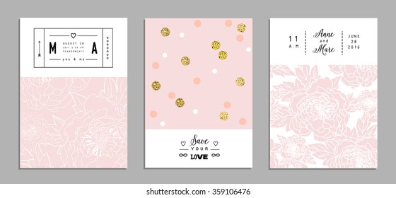 Collection of romantic invitations with gold glitter texture. Wedding, marriage, bridal, birthday, Valentine's day. Isolated. Vector