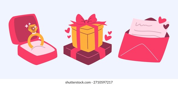 A collection of romantic items including an engagement ring in a box, a wrapped gift with a bow, and a love letter in an envelope, perfect for celebrating special moments.
