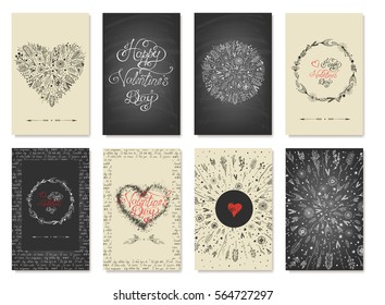 Collection of romantic and love cards with hand drawn elements. Valentine's Day.  Vector illustration.