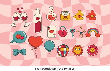 Collection of romantic love elements for valentine's day. Cute illustrations for patterns, stickers or greeting cards. 