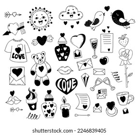 Collection of romantic and love symbols. Sun and cloud with smile, teddy bear toy, pair of lovebirds with heart, rose, ring and love letter. Isolated vector linear hand drawn doodle