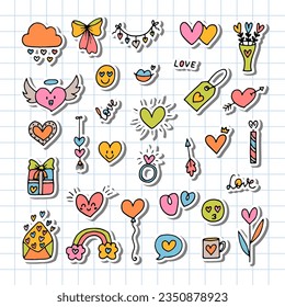 Collection of romantic objects and symbols. Love, wedding, date, Valentine. Hand drawn, doodle, sketch style line. Vector illustration
