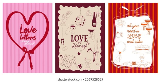 Collection of Romantic posters witn food, drink, candle and romantic elements. Romantic invitation or greeting cards. Valentines Day, Save the date, Wedding illustration. Editable vector illustration.