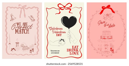 Collection of Romantic posters witn food, drink, candle and romantic elements. Romantic invitation or greeting cards. Valentines Day, Save the date, Wedding illustration. Editable vector illustration.