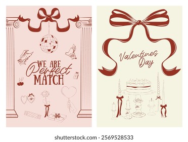 Collection of Romantic posters witn food, drink, candle and romantic elements. Romantic invitation or greeting cards. Valentines Day, Save the date, Wedding illustration. Editable vector illustration.