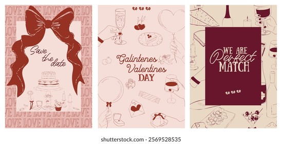 Collection of Romantic posters witn food, drink, candle and romantic elements. Romantic invitation or greeting cards. Valentines Day, Save the date, Wedding illustration. Editable vector illustration.