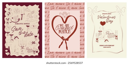 Collection of Romantic posters witn food, drink, candle and romantic elements. Romantic invitation or greeting cards. Valentines Day, Save the date, Wedding illustration. Editable vector illustration.