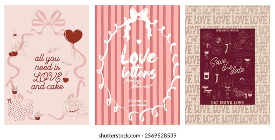 Collection of Romantic posters witn food, drink, candle and romantic elements. Romantic invitation or greeting cards. Valentines Day, Save the date, Wedding illustration. Editable vector illustration.