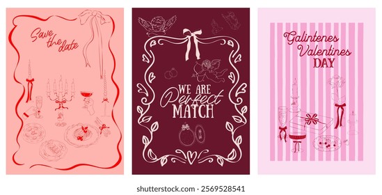 Collection of Romantic posters witn food, drink, candle and romantic elements. Romantic invitation or greeting cards. Valentines Day, Save the date, Wedding illustration. Editable vector illustration.